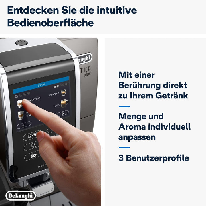 De'Longhi Dinamica plus ECAM 372.95.TB aparat de cafea complet automat cu sistem de lapte Lattecrema, cappuccino și espresso la apăsarea unui buton, ecran tactil color, control prin aplicație, funcție cafetieră, titan/negru
