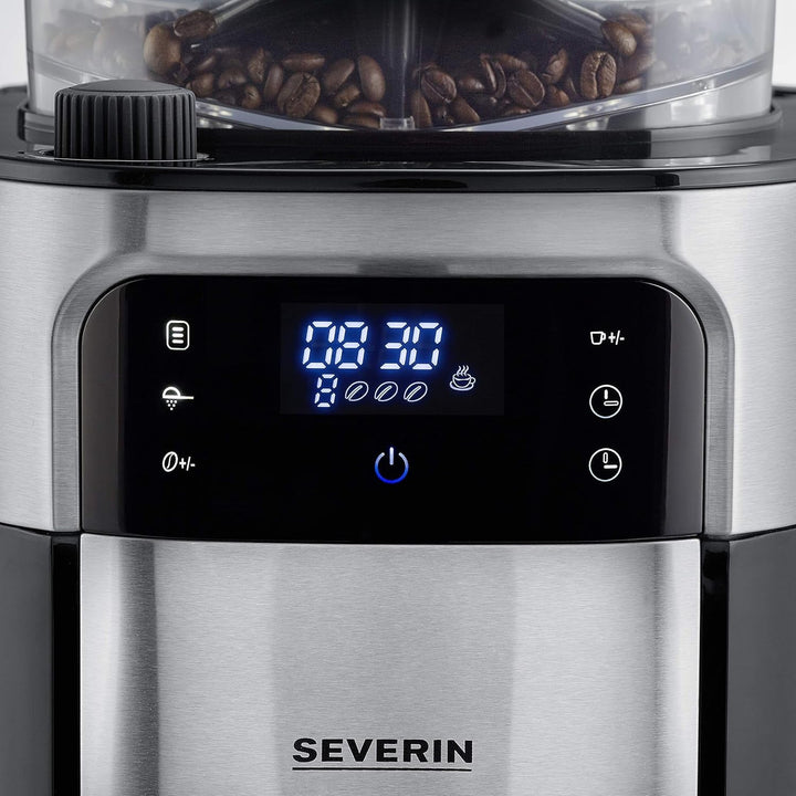 SEVERIN Filtru de cafea cu râșniță din oțel inoxidabil și ulcior termo, măcinare fină și nivel de măcinare selectabil individual, 1000 W, pentru până la 8 cești / Aprox. 1 litru, negru, KA 4814