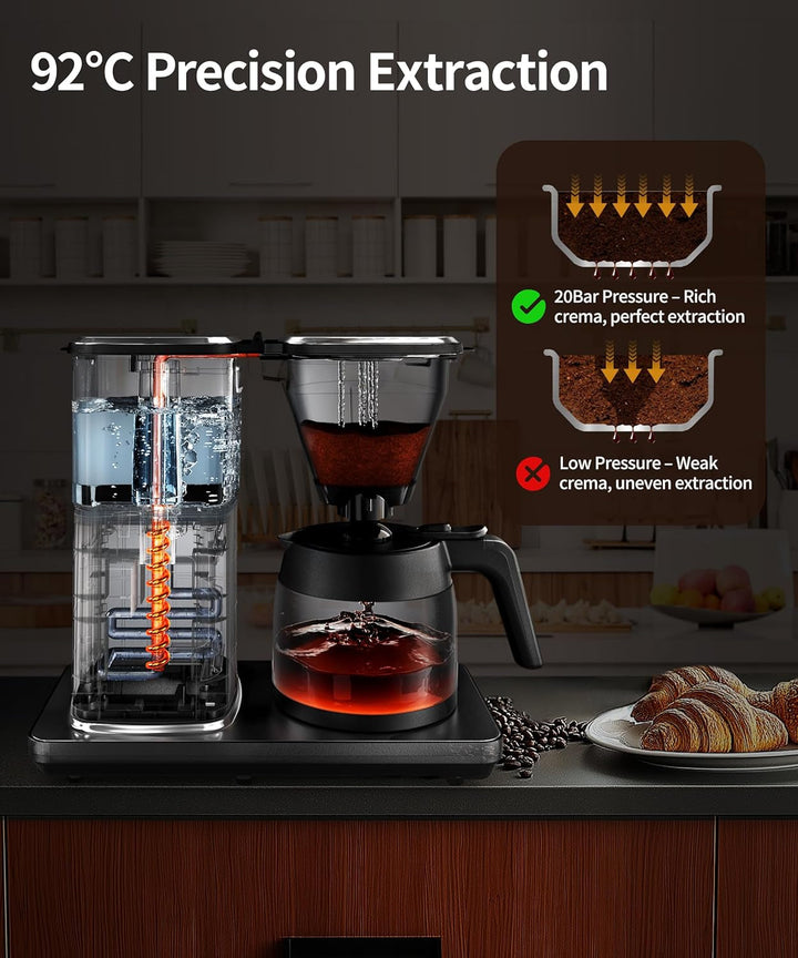 Cafetieră cu filtru Cu termos de 1,25L, preparare rapidă 4,5 min., control al temperaturii 92°C Pid, oprire picurare 30S, filtru reutilizabil, curățare automată, fără Bpa, design din oțel inoxidabil