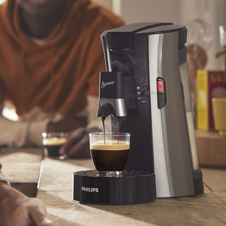 Aparat de cafea cu doze Philips Senseo Select - Selectare putere cafea plus, Funcție Memo, Tehnologie Crema plus, Rezervor de apă de 0,9 l, Funcție pentru două cești, Duză reglabilă pe înălțime, Ecologic (CSA250/10)