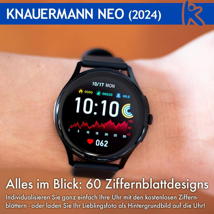 Neo (2024) Negru rotund - ceas de sănătate Smartwatch - ECG + funcție HRV - BT Bluetooth - Apnee de somn - Tensiune arterială - curea din silicon negru, 14-24