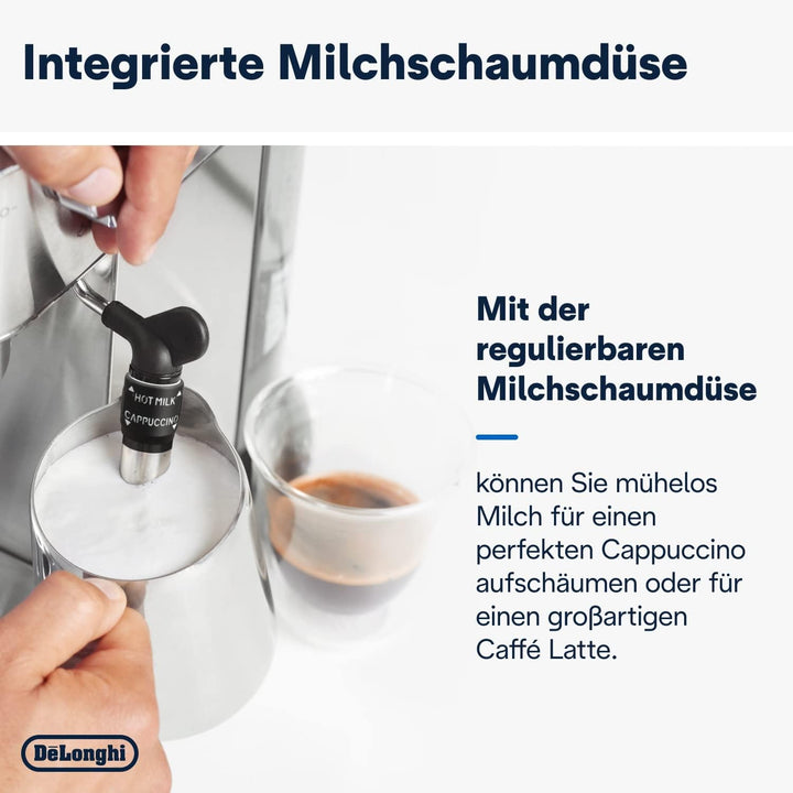 De'Longhi Dedica Style EC 685.M - Mașină espresso portafilter, mașină espresso cu spumă de lapte profesională, doar 15 cm lățime, pentru cafea pudră sau doze ESE, rezervor de apă de 1 litru, argintiu