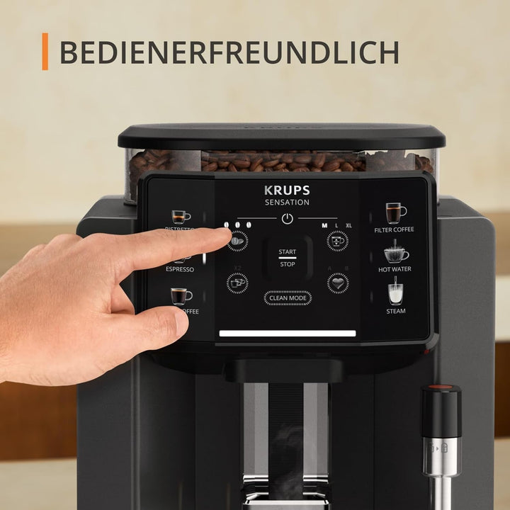 Espressor automat Krups Sensation, spumator de lapte, 5 băuturi, funcție cafea filtrată, funcție 2 cești, espressor, negru, fabricat în Franța, EA910810