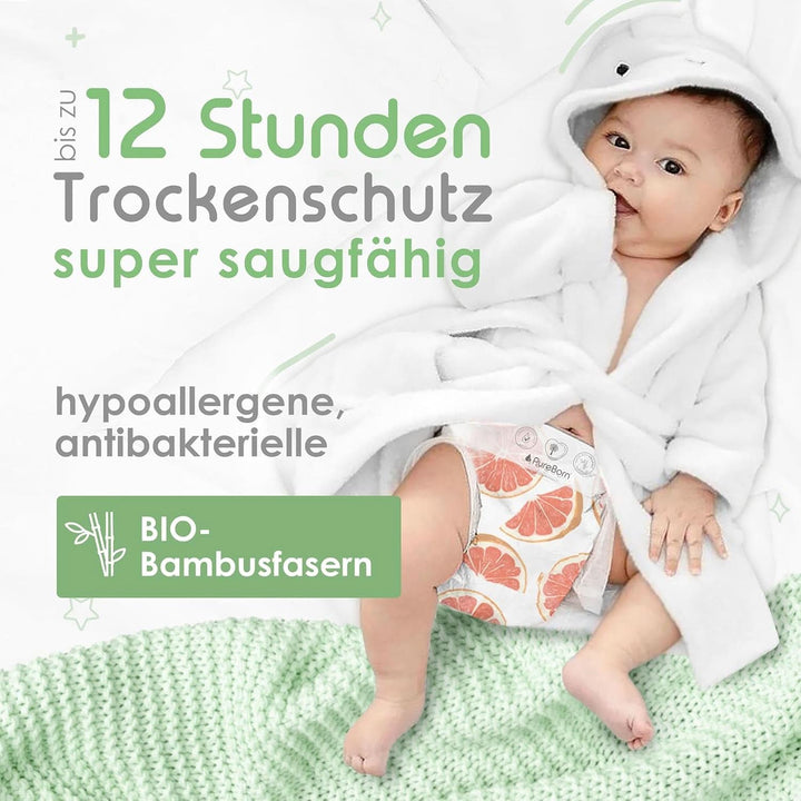 Pureborn Eco Bio-Bambus Windeln, Größe 3 (5,5-8 Kg), 224 Stück (2 X 112), Umweltfreundlich, Hypoallergen, Ultraweich, Mit Nässeindikator, Diverser Aufdruck