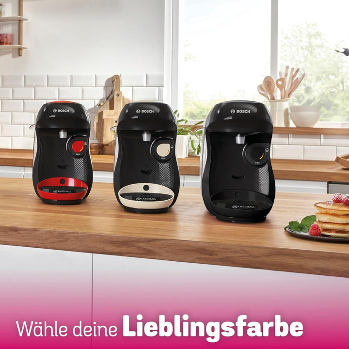 Espressor cu capsule Bosch Tassimo Happy Friendly TAS102E, Peste 70 de băuturi, Potrivit pentru toate tipurile de căni, Oprire automată, Sustenabil, Dozare perfectă, Economie de spațiu, 1400 W, Negru