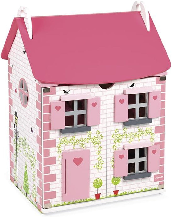Janod - Casa de păpuși din lemn Mademoiselle, 3 etaje și cu 11 accesorii, replică de jucărie, dezvoltă imaginația, de la 3 ani, J06581, roz Casute de papusi Naty Shop