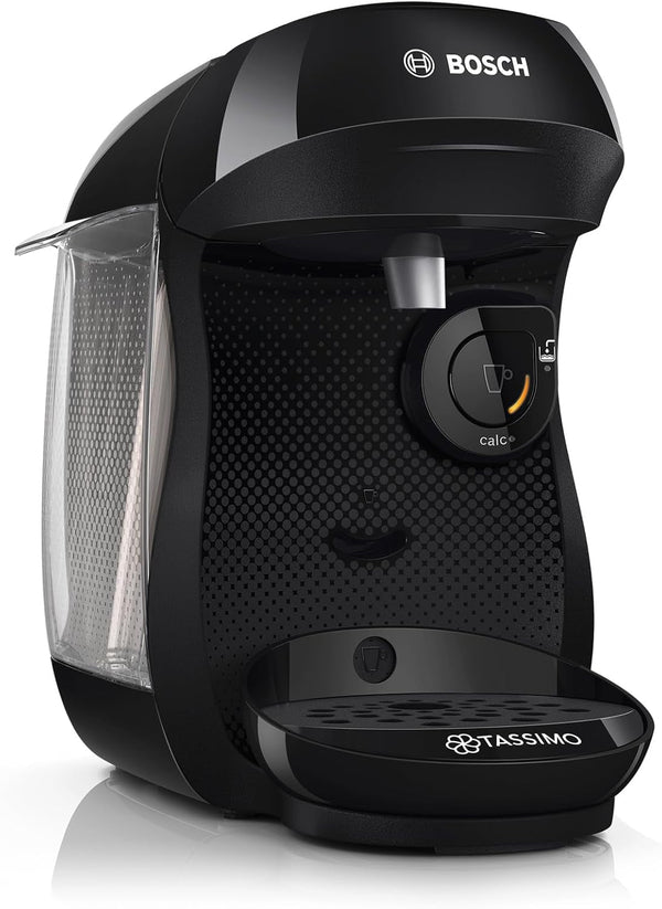 Espressor cu capsule Bosch Tassimo Happy Friendly TAS102E, Peste 70 de băuturi, Potrivit pentru toate tipurile de căni, Oprire automată, Sustenabil, Dozare perfectă, Economie de spațiu, 1400 W, Negru