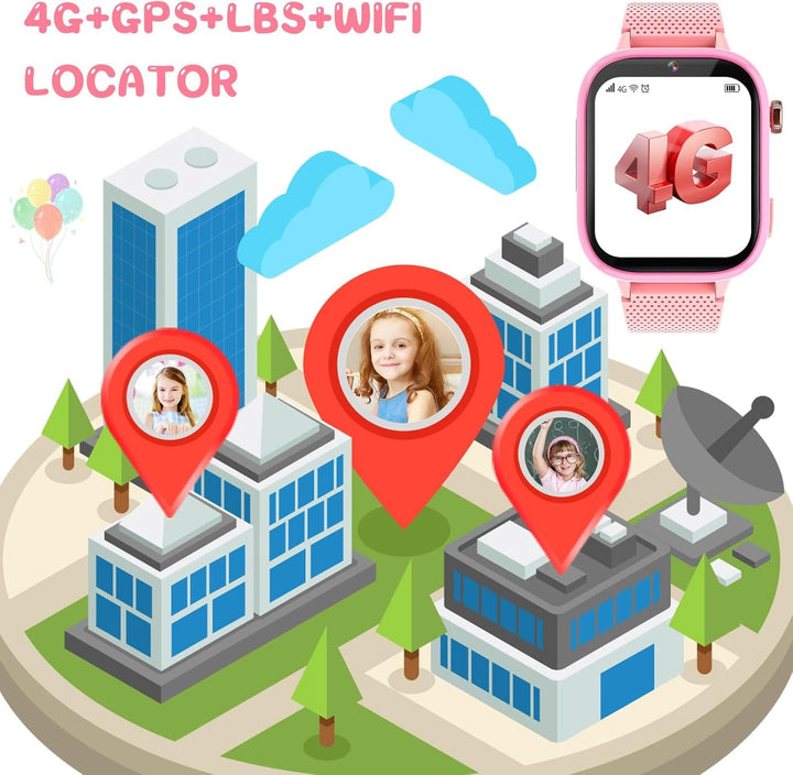 Smartwatch 4G pentru copii, smartwatch pentru copii cu GPS și telefon, ceas de mână pentru copii băiat fată, cu apel telefonic video, mesaje, mod școală, funcție SOS, cameră și pedometru (roz)