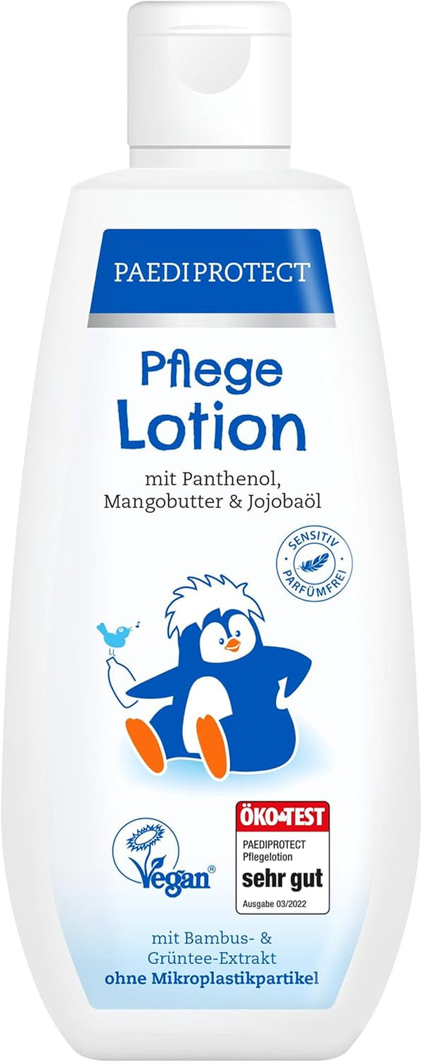 PAEDIPROTECT loțiune de îngrijire pentru bebeluși și copii 200 ml, loțiune de îngrijire cu pantenol, îngrijire hidratantă cu ulei de jojoba și unt de mango, pentru pielea sensibilă și uscată a bebelușilor și copiilor, loțiune vegană
