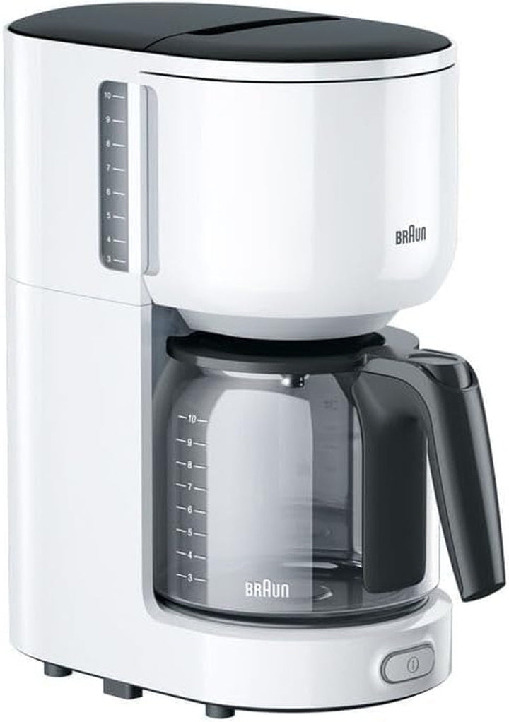 Cafetiera Braun Purease KF 3120 WH - Cafetieră cu filtru cu ulcior din sticlă pentru 10 cești de cafea, cafetieră pentru o aromă unică, filtru de apă integrat, 1000 wați, alb