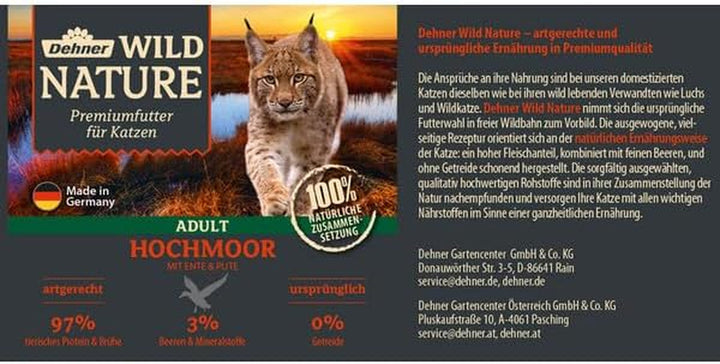 Hrană pentru pisici Dehner Wild Nature Hochmoor, hrană umedă fără cereale, pentru pisici adulte, rață / curcan, cutie 6 X 200 G (1,2 kg)