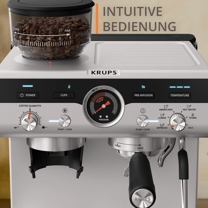 Krups Precision Mașină portafilter manuală Cu râșniță, Mașină de cafea Barista Cu panou de control intuitiv, Setări de pre-infuzie, Mașină espresso Cu duză de abur, Încălzire rapidă, XP801T10