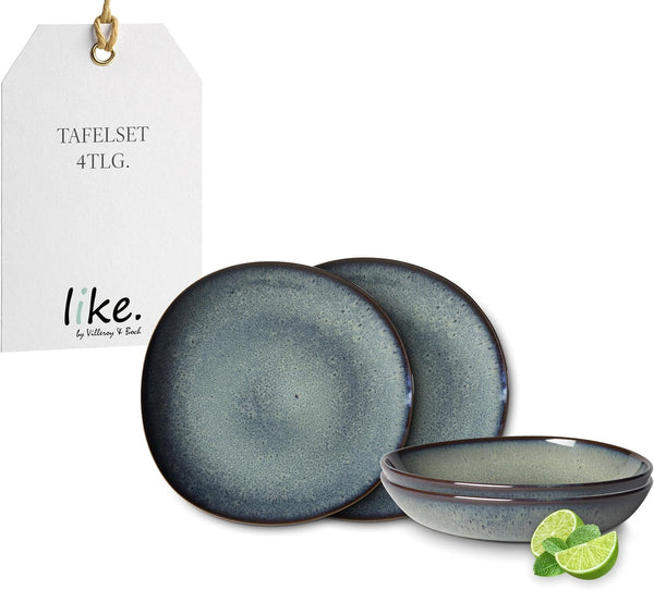 Like. by Villeroy & Boch - Lave Gris Geschirr Set Aus Steingut, 4Tlg., Pottery Look, Tafelservice Für 2 Personen, Grau