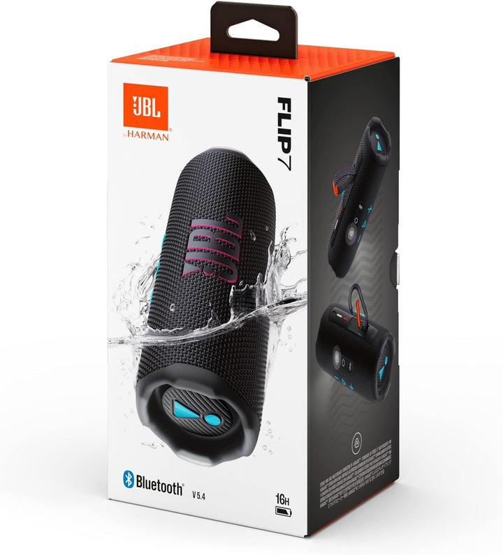 JBL Flip 7, Difuzor Bluetooth portabil fără fir, baterie cu autonomie de 16 ore, rezistent la apă IP68, praf și șocuri, sunet Pro cu AI Boost, conexiune multi-speaker Auracast, negru