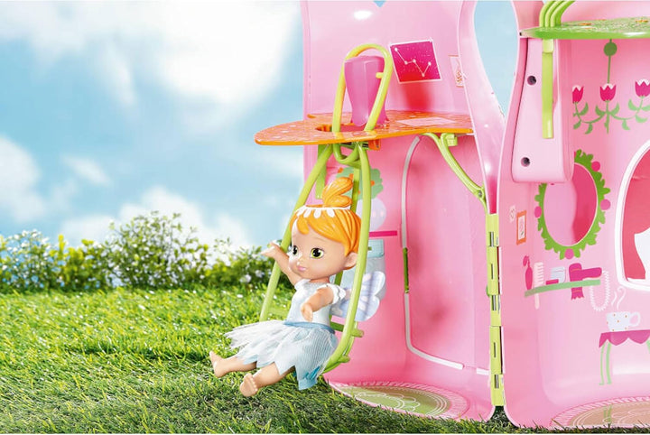 BABY Born Storybook Cottage, Casă de păpuși pliabilă pentru păpuși de 18 cm cu masă, șemineu, șezlong și telescop, roz verde, 833803 Zapf Creation