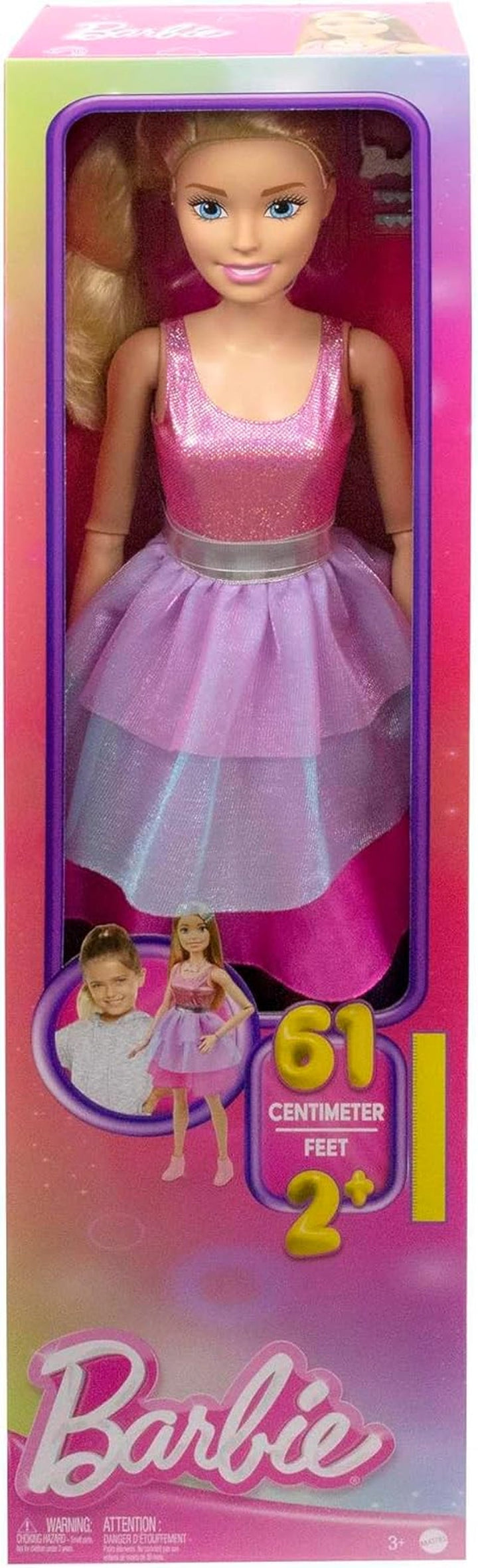 Păpușă Barbie Extra Large (71 cm) - rochie roz, păr blond cu baretă și colier, cadou pentru copii 3+, HJY02
