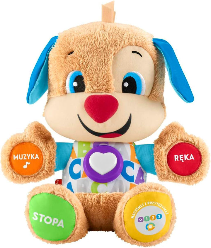 Câine distractiv de învățare Fisher-Price cu trei niveluri | jucărie de pluș vorbitoare cu muzică ca jucărie pentru copii și jucărie pentru bebeluși | ursuleț de pluș interactiv, versiune: UK-English , FPM43 Jucarii Bebe Naty Shop poloneză