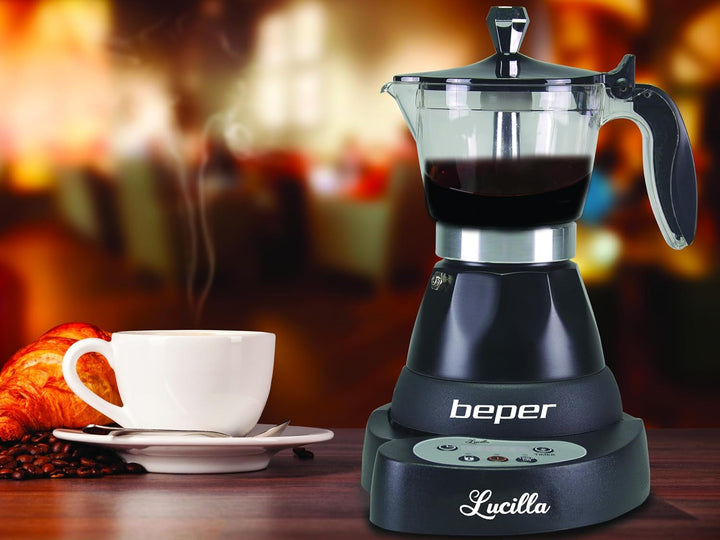 BEPER BC.041N Cafetiera electrică Lucilla - Espresso Maker pentru 3 cești cu timer programabil până la 24 de ore în avans - cafea fierbinte timp de 30 de minute, negru
