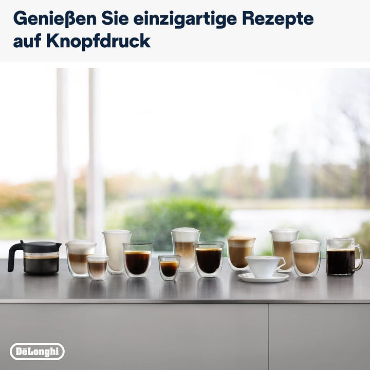 De'Longhi Dinamica plus ECAM 372.95.TB aparat de cafea complet automat cu sistem de lapte Lattecrema, cappuccino și espresso la apăsarea unui buton, ecran tactil color, control prin aplicație, funcție cafetieră, titan/negru