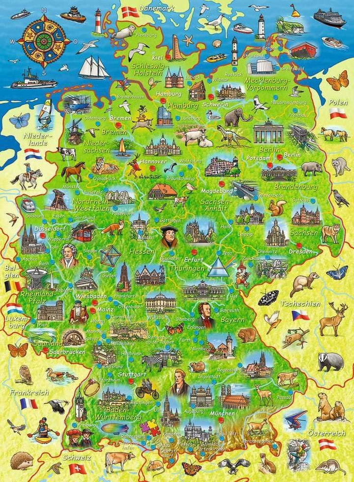 Puzzle pentru copii Ravensburger - Harta colorată a Germaniei - puzzle de 200 de piese pentru copii cu vârsta de 8 ani și peste