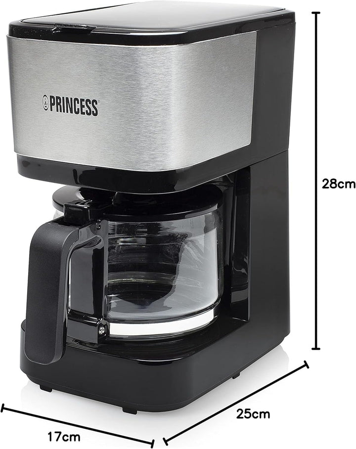 Cafetiera cu filtru Princess - ulcior de sticlă de 0,75 litri, 8 cești, oțel inoxidabil Cu filtru permanent, 600 Watt, 246030, negru, argintiu