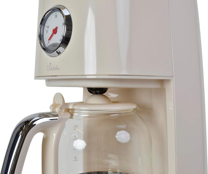 Cafetieră Retro Style Nostalgia 150, alb crem, 900 wați, 1,5 litri, 4-12 cești, cadran pentru menținerea timpului de încălzire, recipient pentru filtru detașabil, funcție de menținere a căldurii, oprire automată