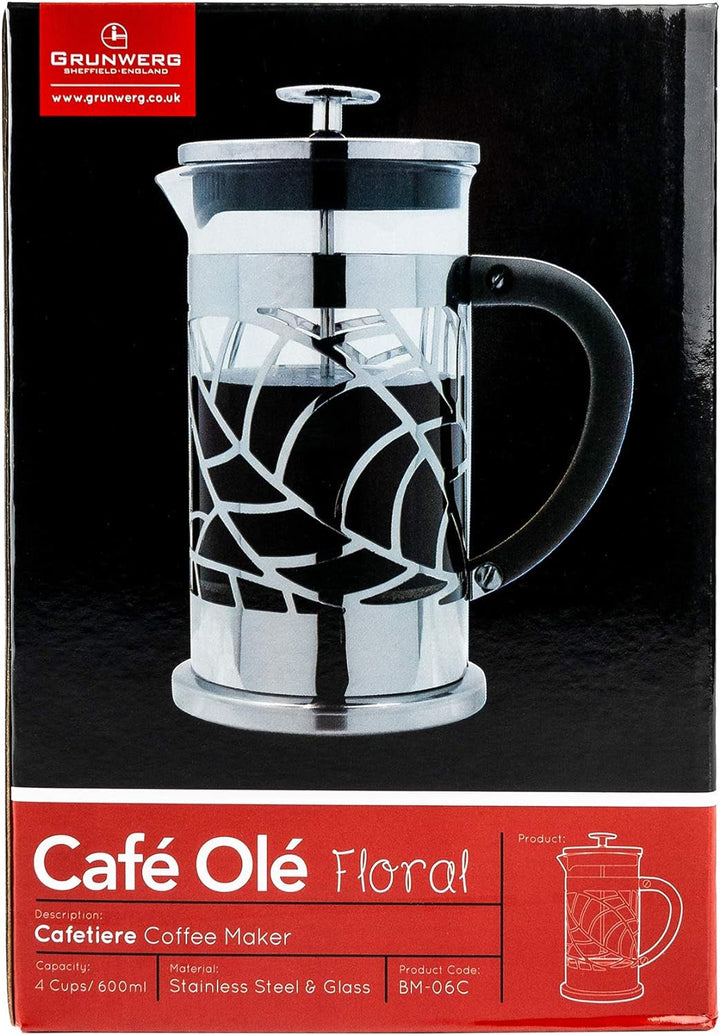 Grunwerg Café Olé Floral transparent filtru de cafea Presă de cafea din oțel inoxidabil 18/10 și sticlă 600 ml 4 pahare Demitasse, argintiu