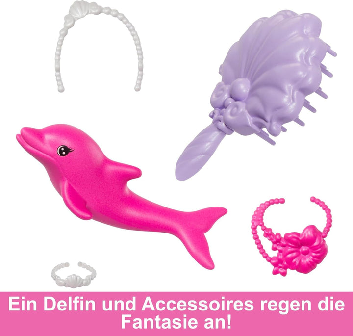 Păpușă sirenă BARBIE - inspirată din serialul TV "Barbie A Hidden Magic", cu efect de schimbare a culorilor și accesorii, păr roz lung de 19 cm pentru styling, pentru copii de la 3 ani, HRP97