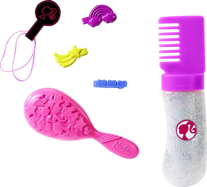 Barbie FXN96 - Rainbow Glitter Hair Doll cu păr blond lung, curcubeu ascuns de cinci culori, gel cu sclipici, perie de păr, accesoriu pentru coafat, cadou de jucărie pentru copii de la 5 ani în sus