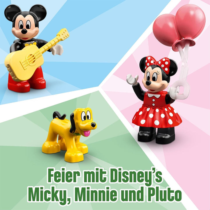 Trenul aniversar LEGO 10941 DUPLO Disney Mickey și Minnie, tren de jucărie cu tort și baloane, cadou pentru copii de 2 ani și peste