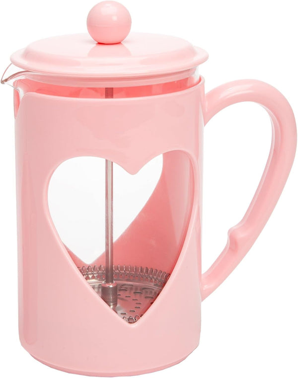 Paris Hilton - Presă franceză în formă de inimă 1 litru - Presă de cafea din sticlă și plastic cu filtru din oțel inoxidabil, mâner cool-touch, fără picurare, rezistent la temperatură, roșu sau roz