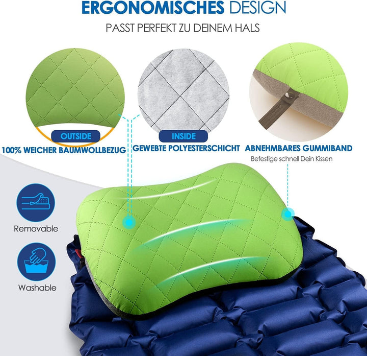 HIKENTURE Pernă gonflabilă de camping / călătorie cu față de pernă detașabilă, pernă ergonomică, pernă confortabilă pentru gât pentru călătorie / exterior, pernă gonflabilă de călătorie pentru gât (verde) ...