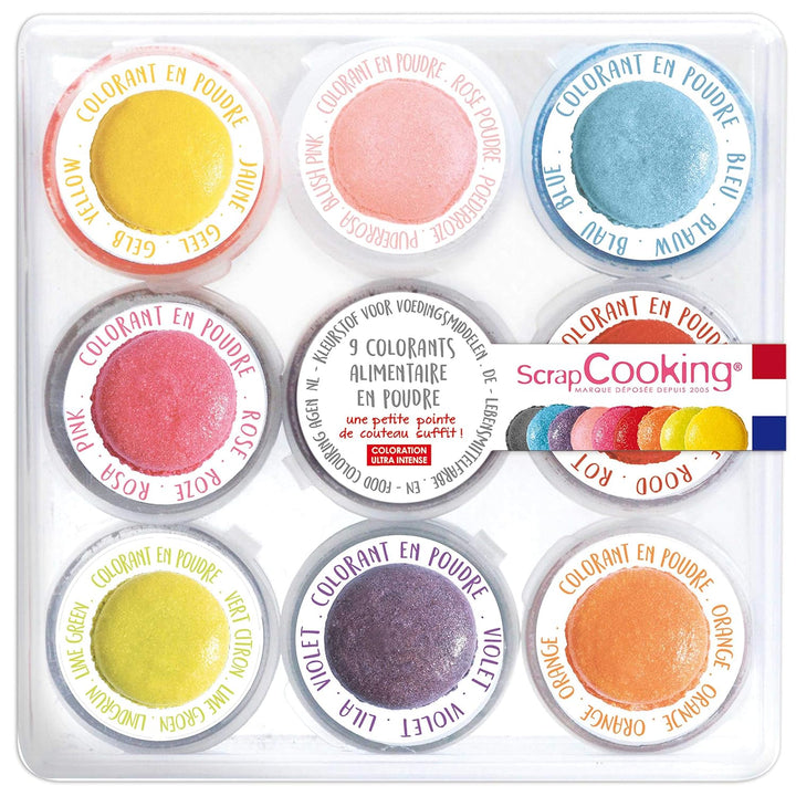 Scrapcooking - 9X Set Lebensmittelfarben Pulver - Blau, Gelb, Rosa, Violett, Orange, Zitronengrün, Rot, Puderrosa, Schwarz - Farbpulver Essbar Für Torten, Kuchen, Makronen - 4270