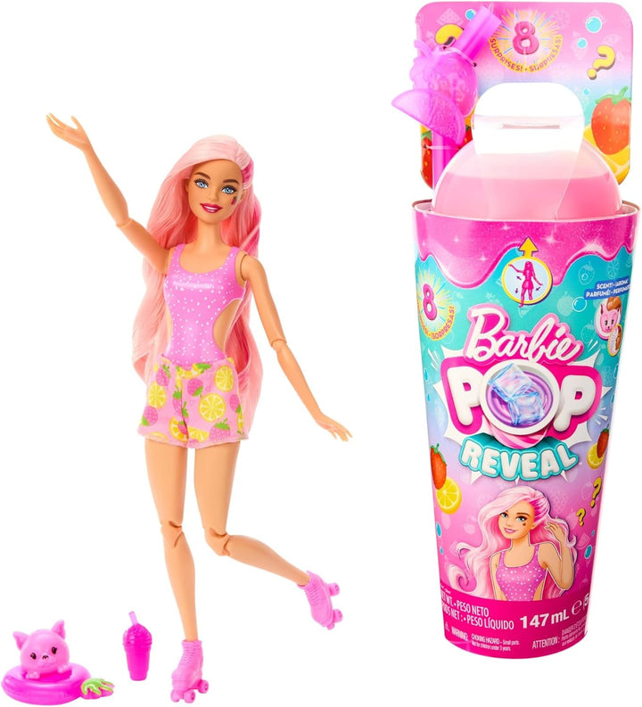 Barbie Pop Reveal Fruit - păpușă cu păr roșcat în aromă de pepene roșu, 8 surprize, fată squishy parfumată, păr și machiaj care își schimbă culoarea, pentru copii de la 3 ani, HNW43