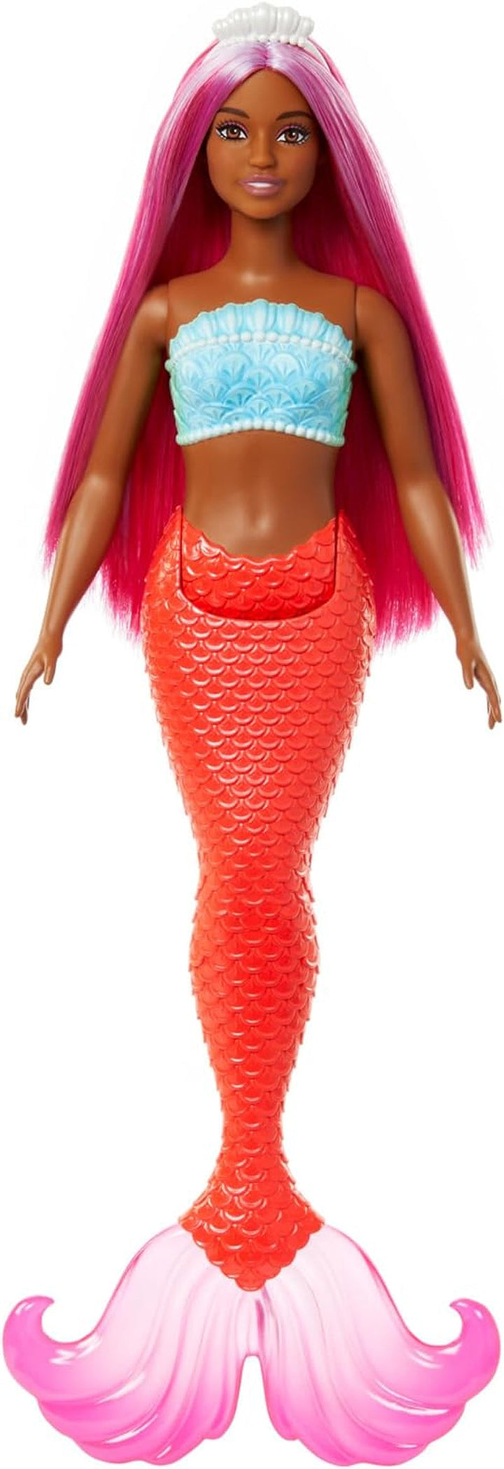 Păpușă sirenă Barbie cu păr fantezie în roz și lila cu bentiță, păpușă cu partea de sus din scoică și aripioară din coadă albastru lavanda, HRR06