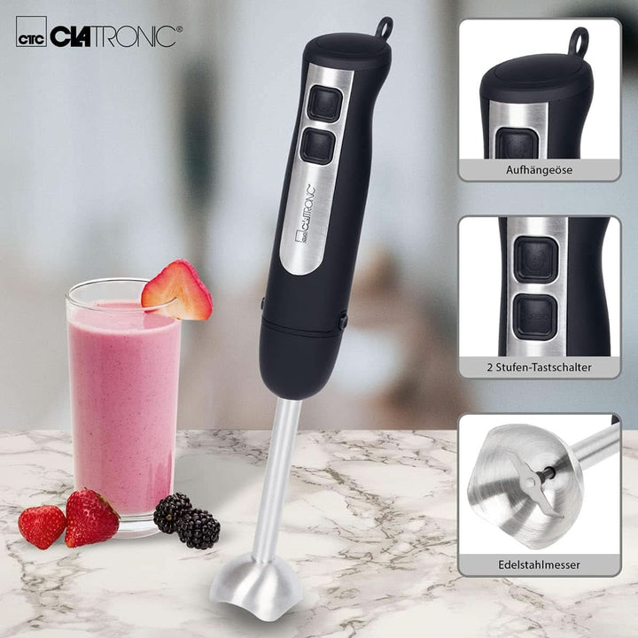 Clatronic Stabmixer SM 3739 Pürierstab, Handmixer, Mixer Für Smoothie, Shakes, 2 Stufen-Schalter, Multizerkleinerer, Edelstahl-Stab Und Messer, Aufhängeöse, 800 Watt Motor, Schwarz-Edelstahl