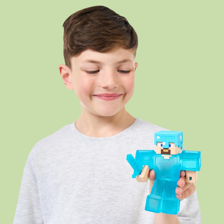 Heroes of Goo Jit Zu - figură Minecraft extensibilă - Steve cu armură și sabie de diamant, umplutură Goo super elastică cu element de diamant ascuns în interior, extensibilă până la trei ori dimensiunea