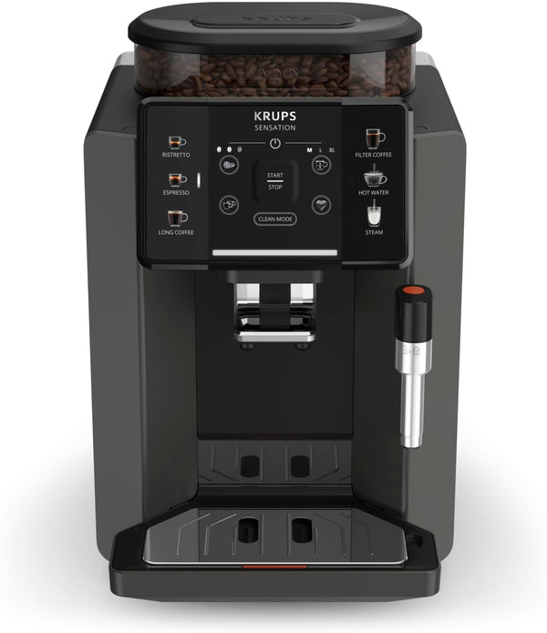 Espressor automat Krups Sensation, spumator de lapte, 5 băuturi, funcție cafea filtrată, funcție 2 cești, espressor, negru, fabricat în Franța, EA910810