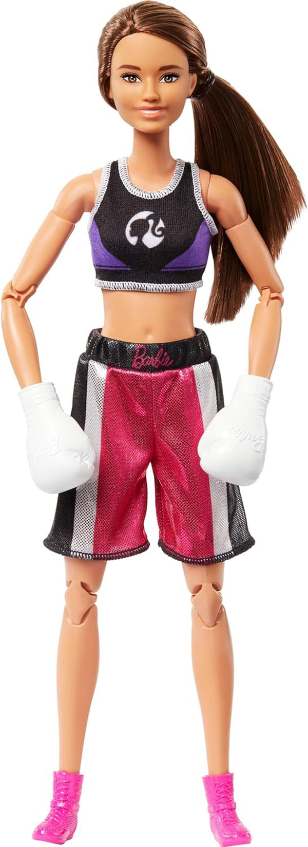 Păpușă Barbie Made to Move și accesorii, boxer brunetă cu echipament sportiv detașabil cu mănuși de box, 22 de articulații mobile, HRG40