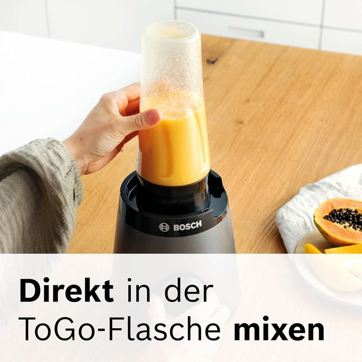 Bosch Standmixer Vitapower Serie 4 MMB6177S, Edelstahl-Klingen Made in Germany, 1,5L Thermosafe Glasbehälter, 0,6L To-Go-Flasche, Stopfer, Universalzerkleinerer, 30,000 U/Min, 1200 W, Silber