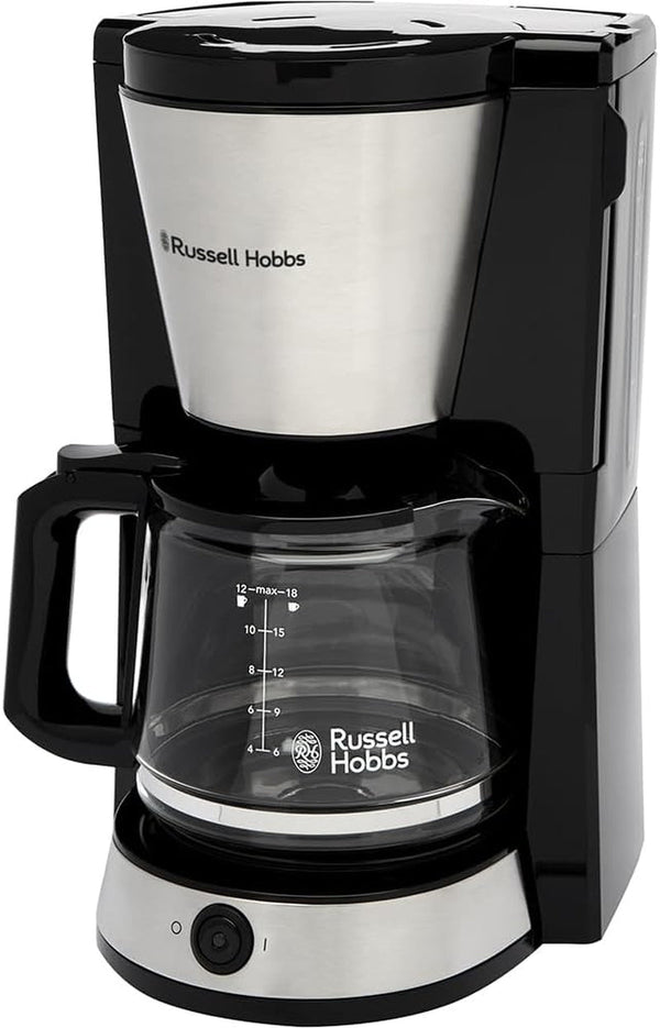 Cafetieră Russell Hobbs (filtru de cafea, ulcior de sticlă de 1,25L, 10 cești, funcție de menținere la cald 40 min., oprire prin picurare, oțel inoxidabil periat, funcție Brew-Now, lumină albastră) Heaton 27400-56
