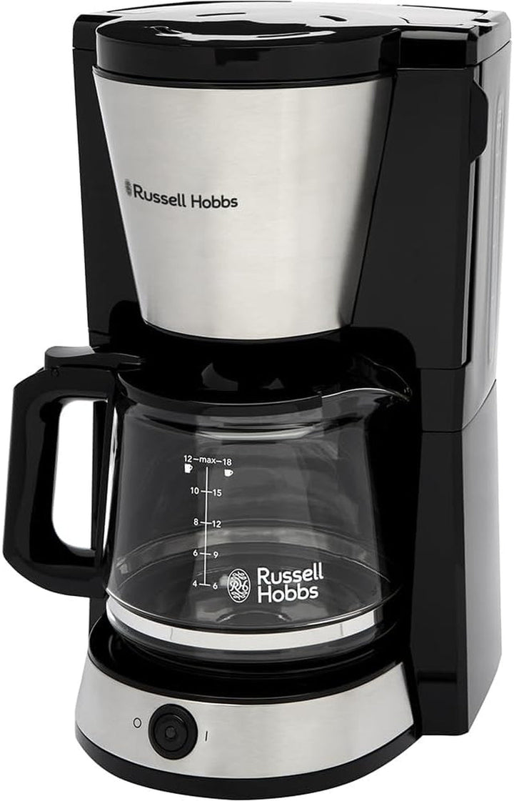 Cafetieră Russell Hobbs (filtru de cafea, ulcior de sticlă de 1,25L, 10 cești, funcție de menținere la cald 40 min., oprire prin picurare, oțel inoxidabil periat, funcție Brew-Now, lumină albastră) Heaton 27400-56