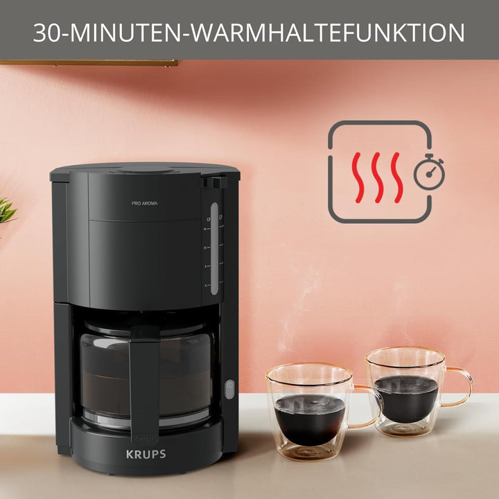 Krups F30908 Proaroma Espressor cu filtru și carafă din sticlă, capacitate 1,25 l, 10-15 cești, 1050 W, negru