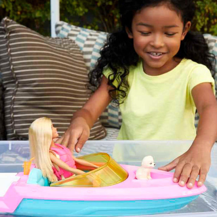 Barbie Speedboat Set, păpușă Barbie cu păr blond, vestă de salvare roz, barcă, cățel, accesorii, cadouri pentru copii cu vârsta peste 3 ani, Grg30