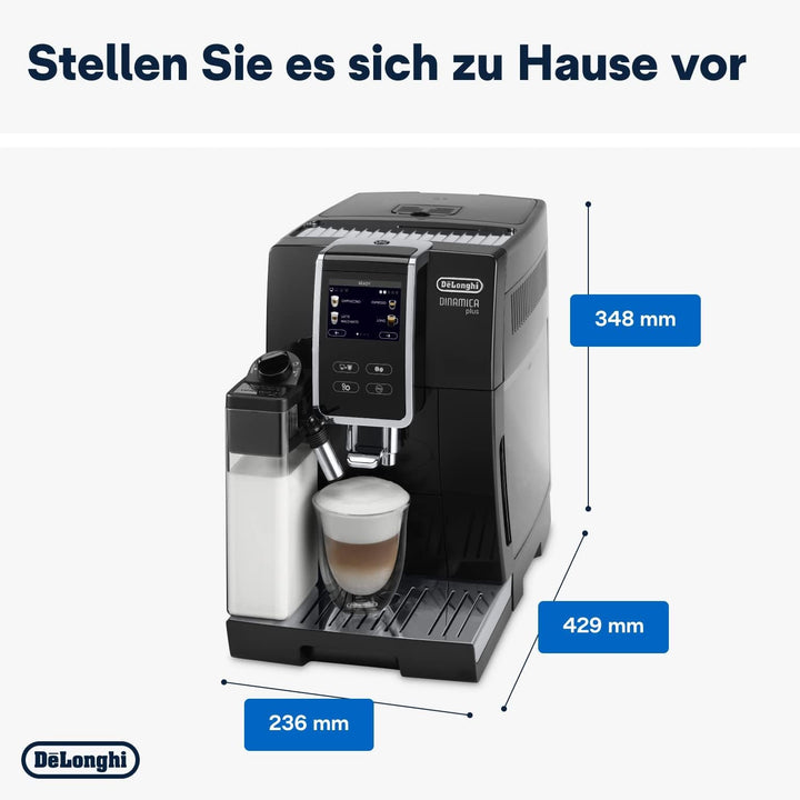 De'Longhi Dinamica plus ECAM 370.70.B Aparat de cafea complet automat cu sistem de lapte Lattecrema, cappuccino și espresso, afișaj color TFT cu ecran tactil de 3,5 inchi și control prin aplicații, funcție cafetieră, negru