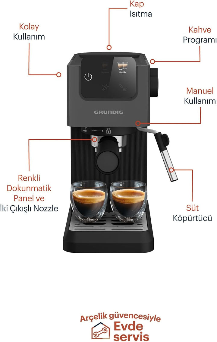 Espressor GRUNDIG KSM 4330 cu filtru portabil și spumator de lapte, pentru cafea măcinată, rezervor de apă detașabil, ecran tactil, putere 1628 W, funcție de memorie, negru