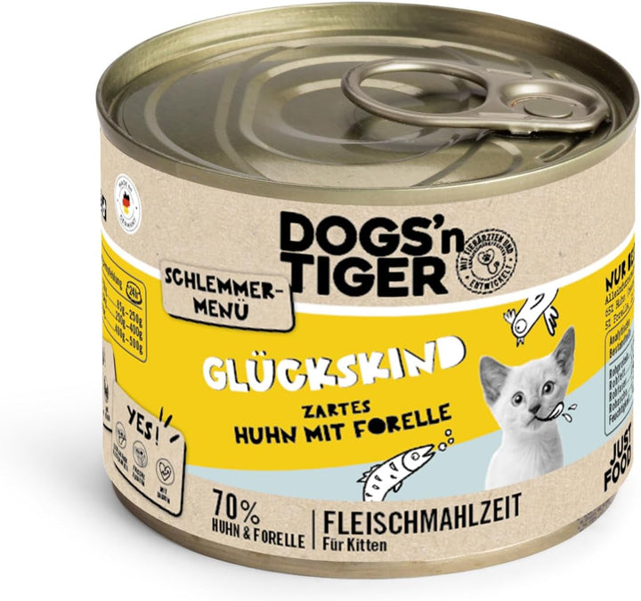 Dogs'N Tiger Gourmet Menu Glückskind, hrană umedă pentru pisoi, pui suculent și păstrăv - fără cereale, zahăr adăugat, conservanți artificiali, compatibilitate optimă, 6X400G