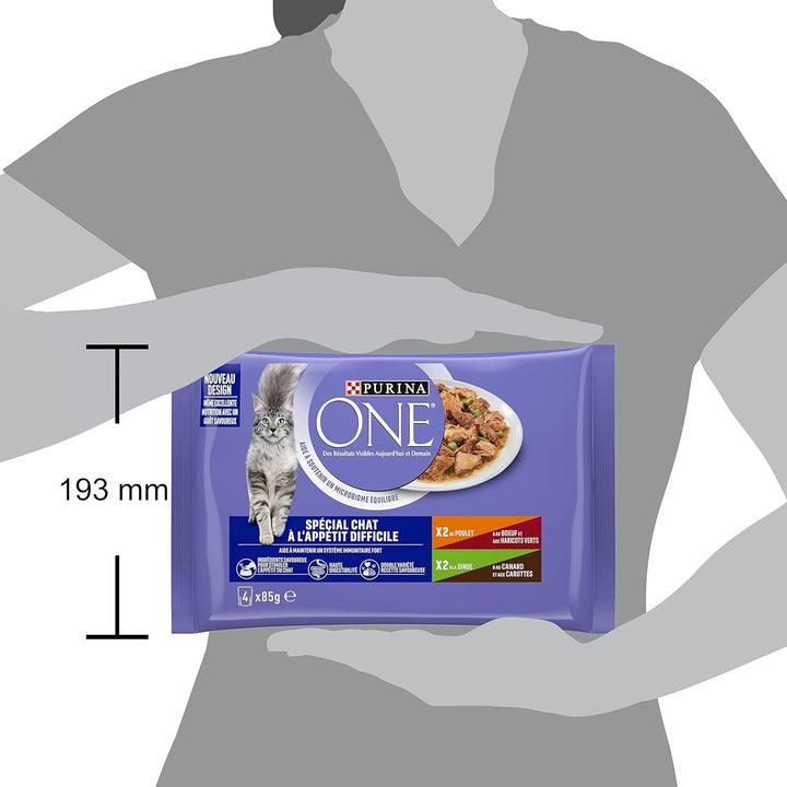 Purina One - Hrană specială în sos carne de vită/pui/canard și curcan pentru pisici cu apetit, 340 G