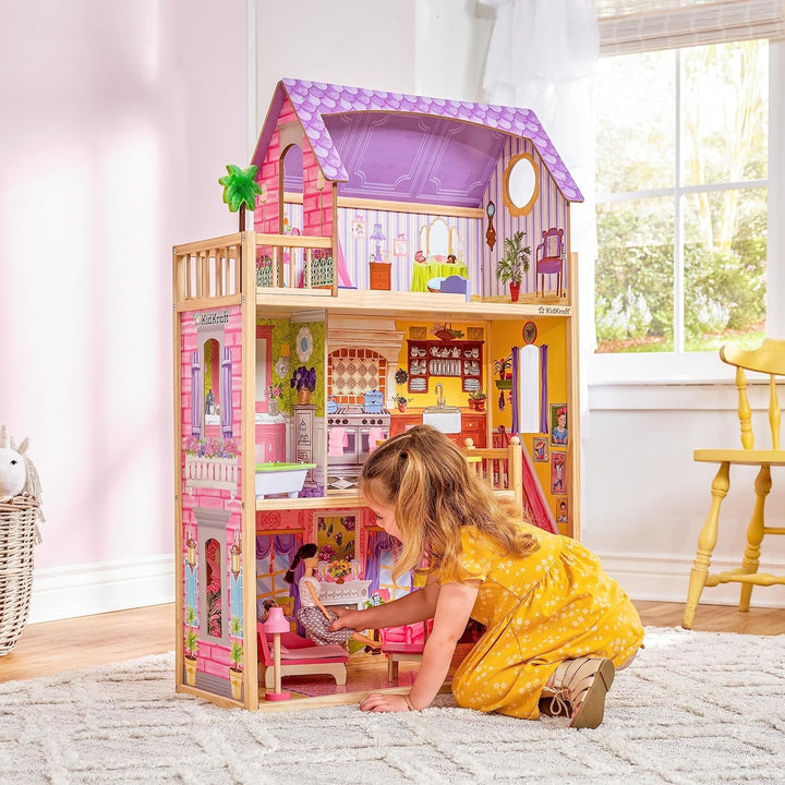 Casa de păpuși din lemn Kidkraft Kayla cu mobilier și accesorii, set de joacă cu 3 niveluri de joc pentru păpuși de 30 cm, jucărie pentru copii de la 3 ani, 65092 - Exclusiv pe Amazon