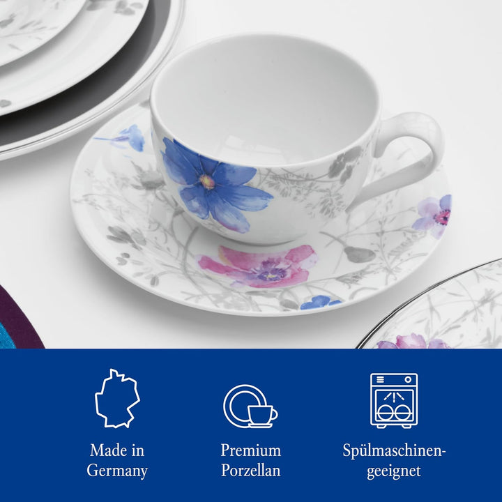 Villeroy & Boch – Mariefleur Gris Basic Kaffee Set 18 Teilig Für 6 Personen, Kaffeeservice, Tafelservice, Geschirr Set, Geschirrset Blumen, Blümchengeschirr, Schönes Geschirr Blumig, Premium Porzellan